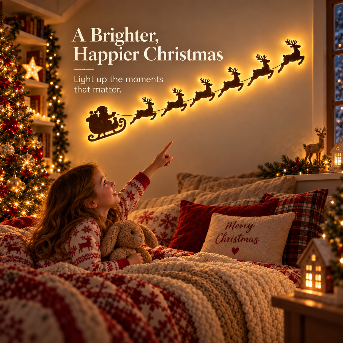 Child enjoying a glowing Santa and reindeer Christmas wall decoration