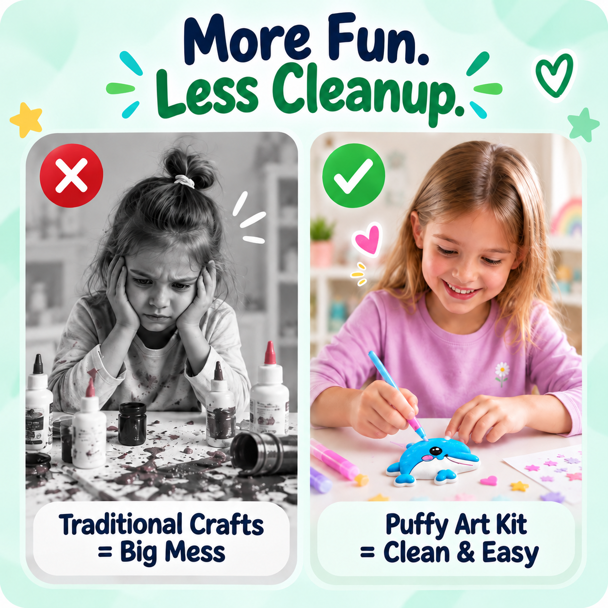 Messy traditional craft compared with easy puffy art