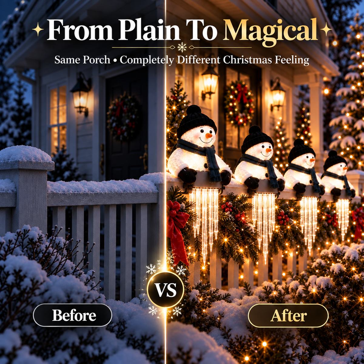 ☃️ Lighted Snowman Railing Decor with Icicle Lights