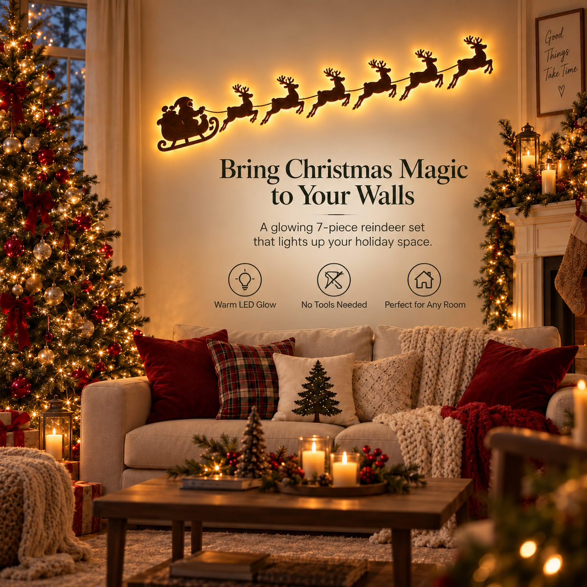 Seven-piece glowing reindeer Christmas wall decoration