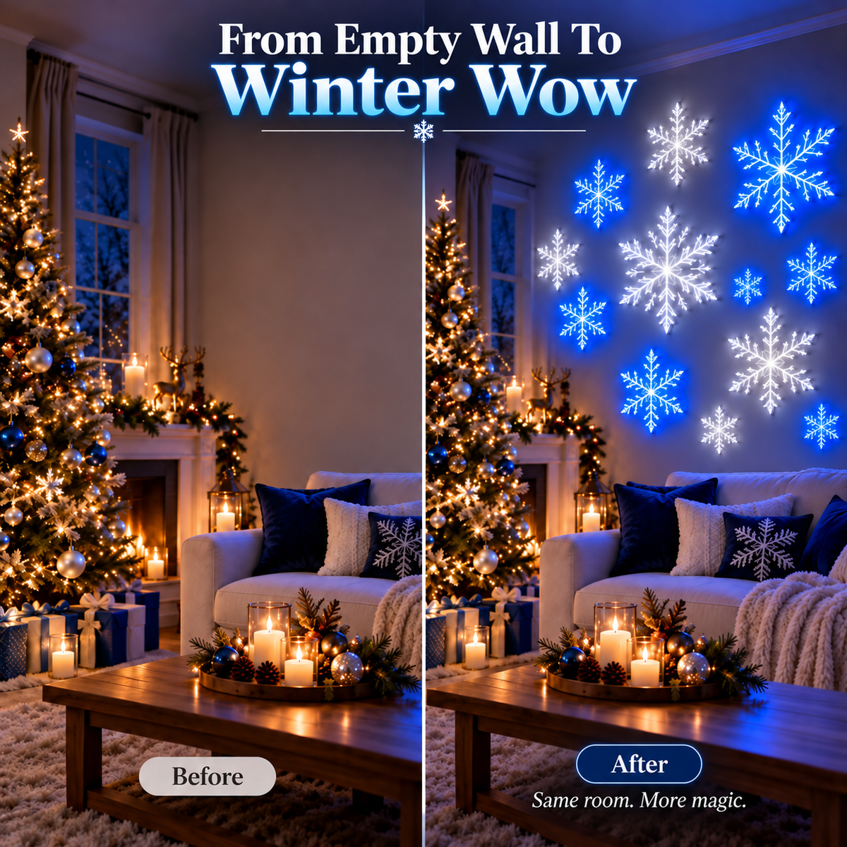 Snowflake wall lights before and after room transformation