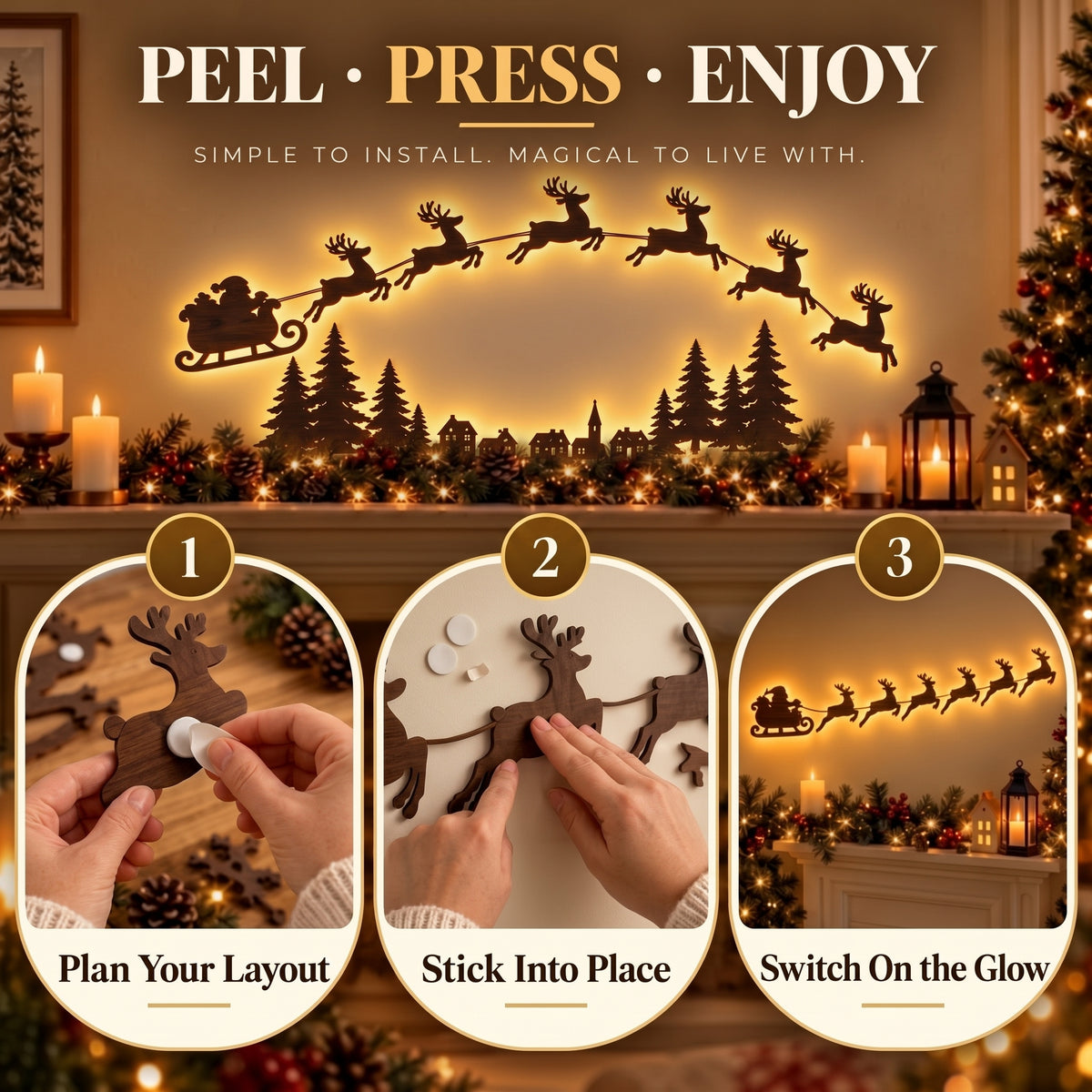 Peel press and enjoy installation steps for Christmas wall decor