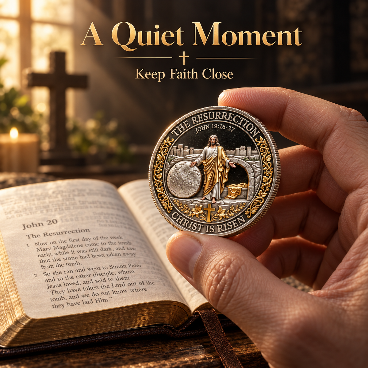 Christian faith keepsake coin held beside a Bible during a quiet moment of faith