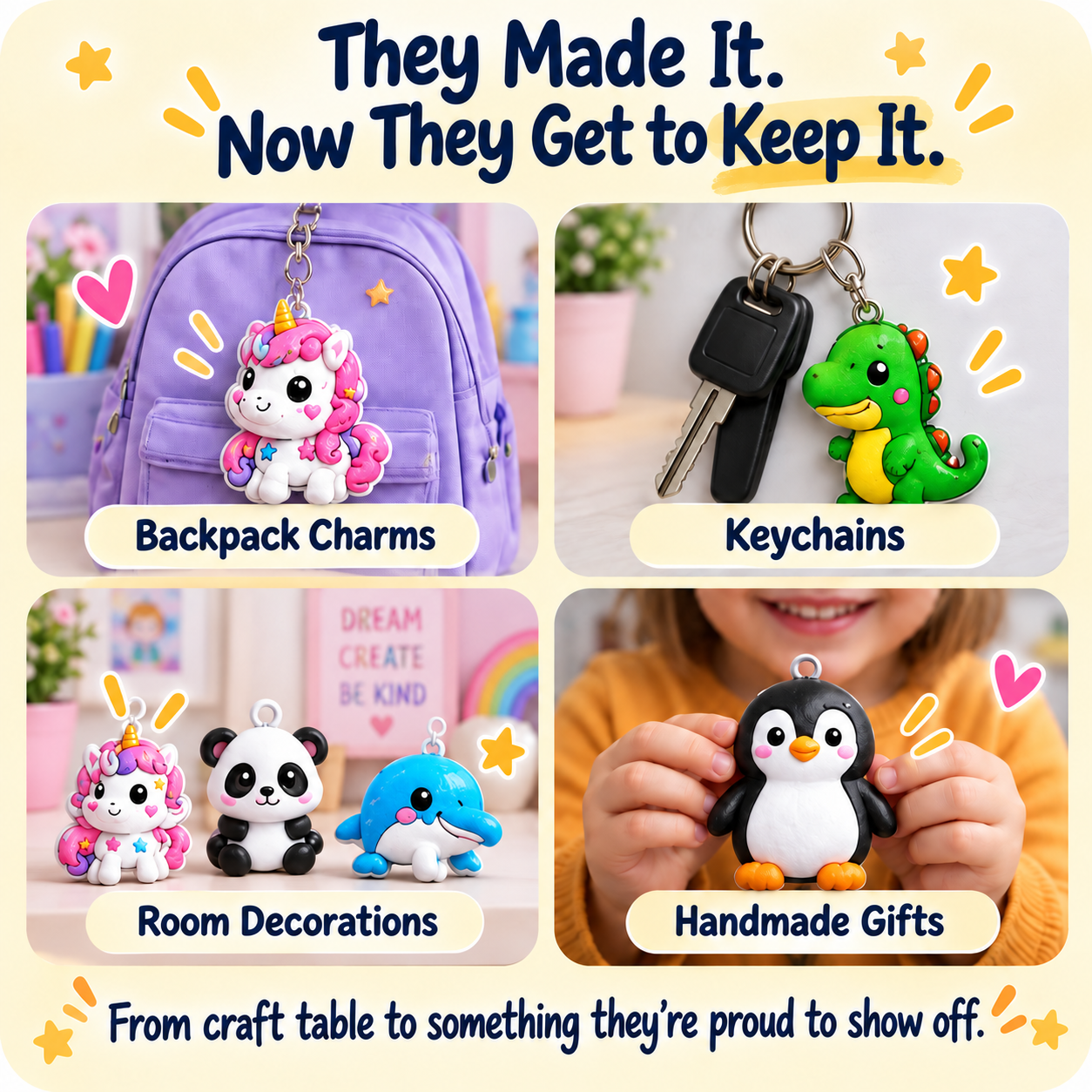 Puffy creations used as backpack charms and keychains