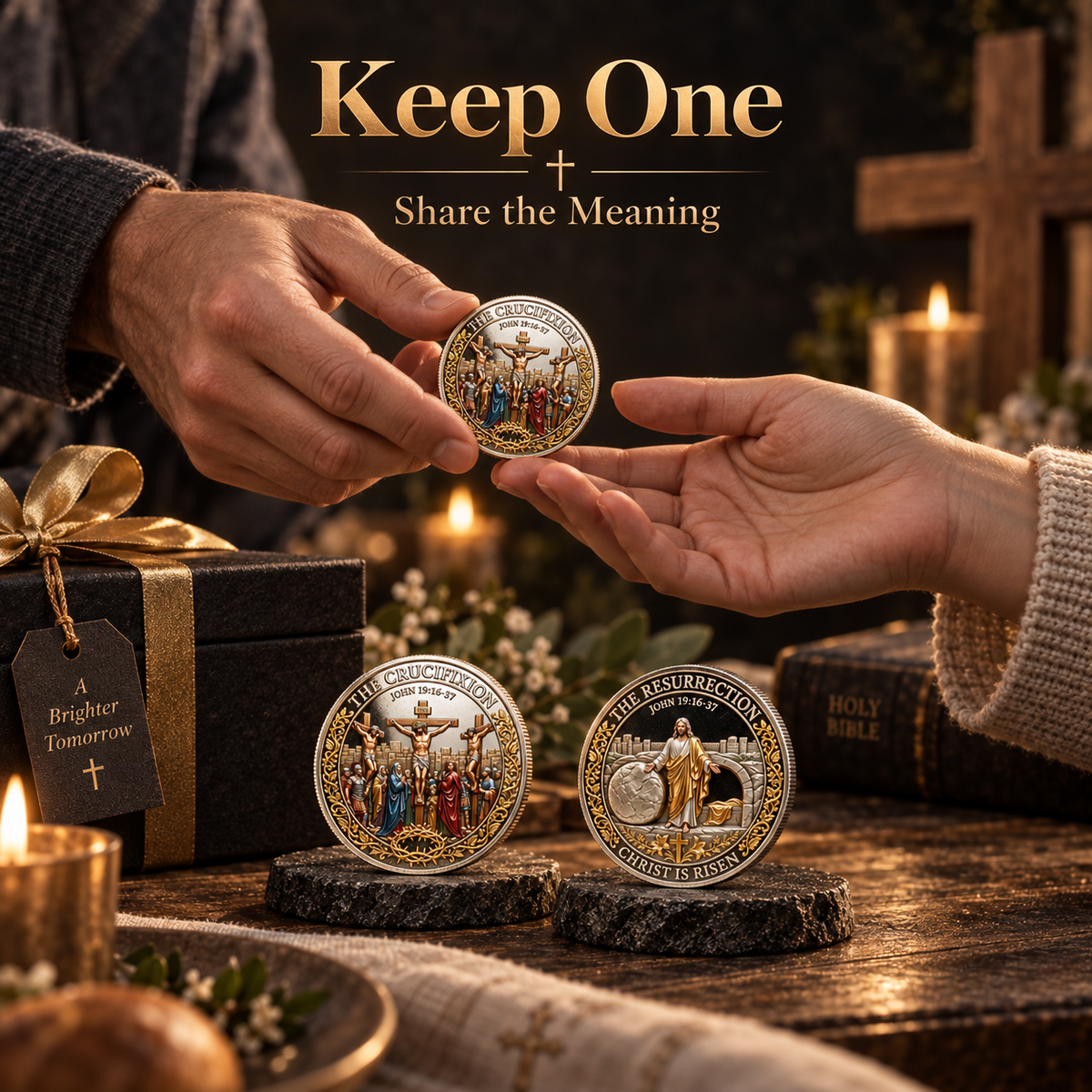 Sharing the Christian faith keepsake coin as a meaningful gift