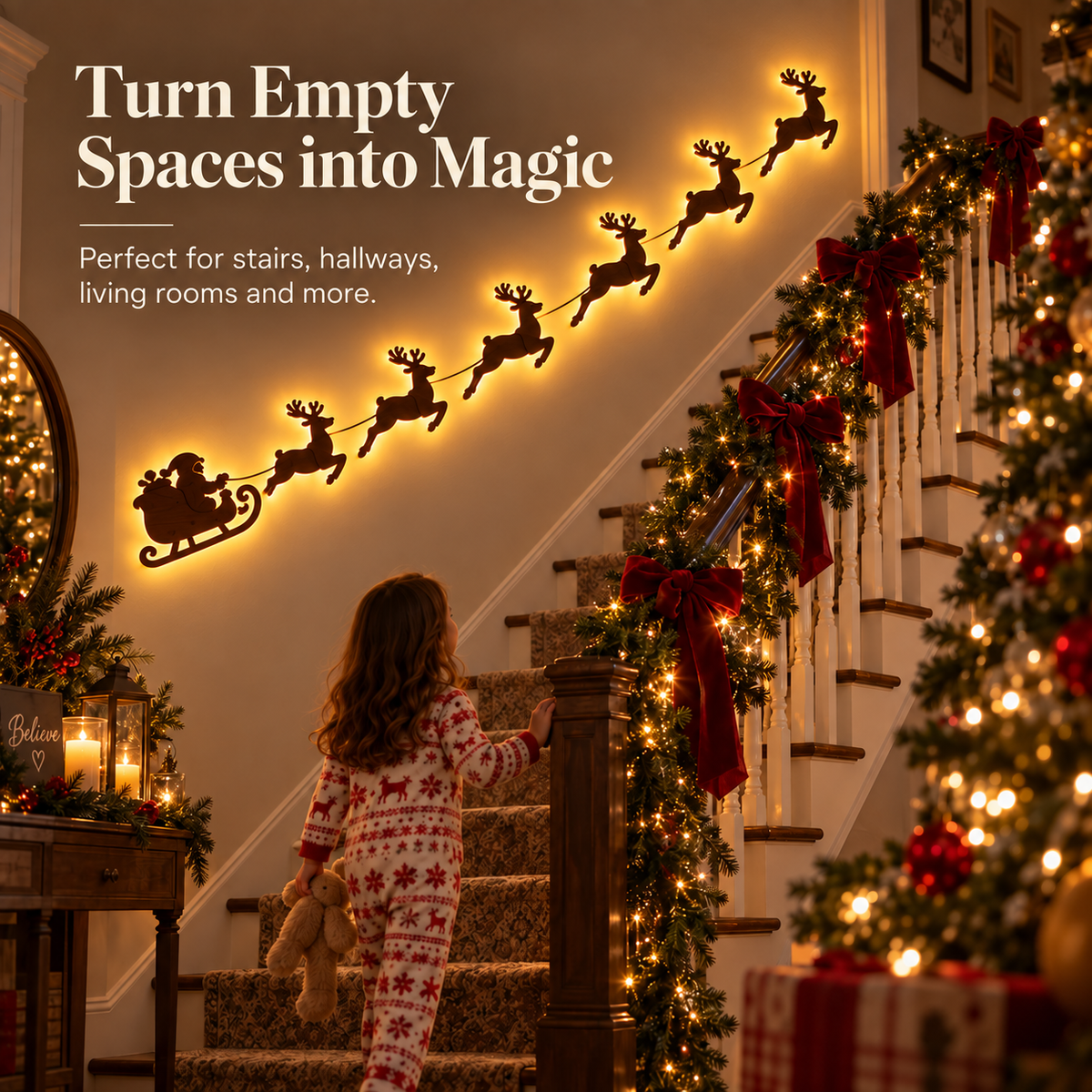 Reindeer Christmas wall decor displayed along a staircase