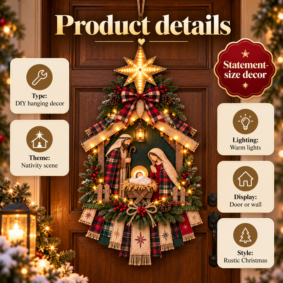 Product details for the DIY lighted Christmas Nativity hanging decoration