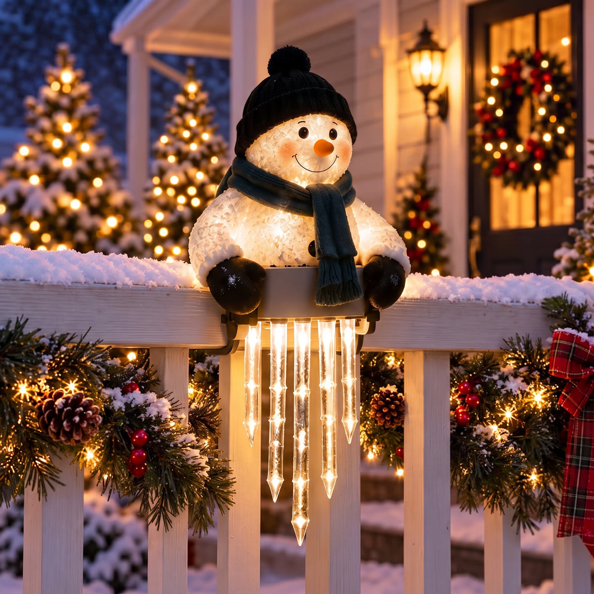 ☃️ Lighted Snowman Railing Decor with Icicle Lights