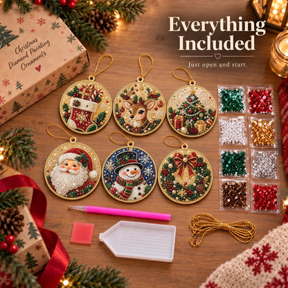 🎁 6-Pack DIY Christmas Tree Ornaments ✨ Wooden Diamond Painting & Rhinestone Craft Kit