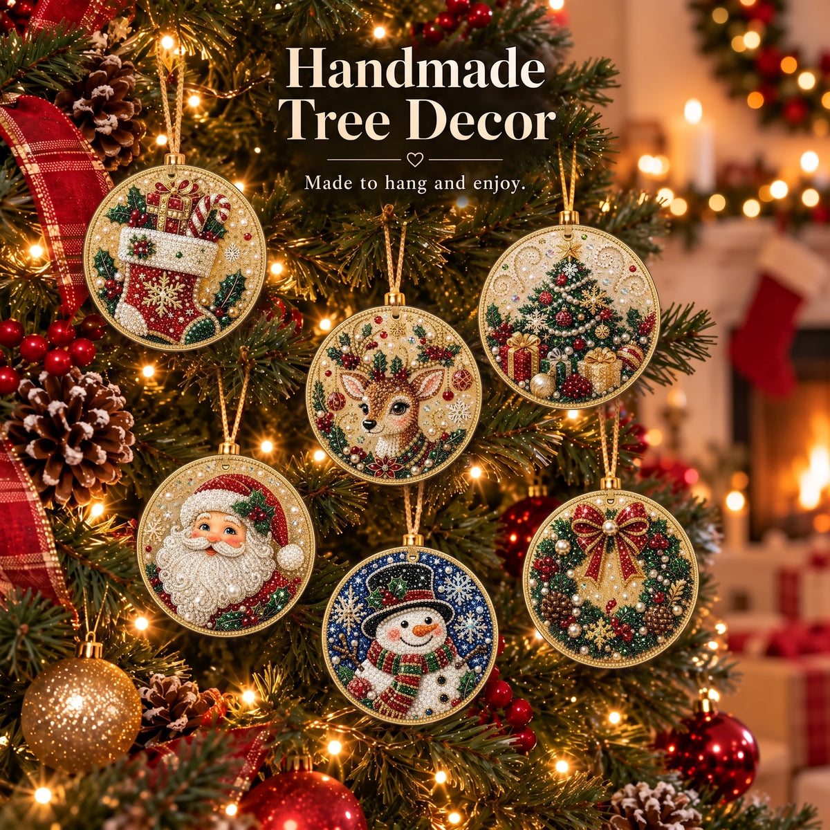 🎁 6-Pack DIY Christmas Tree Ornaments ✨ Wooden Diamond Painting & Rhinestone Craft Kit