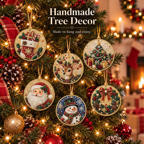 🎁 6-Pack DIY Christmas Tree Ornaments ✨ Wooden Diamond Painting & Rhinestone Craft Kit